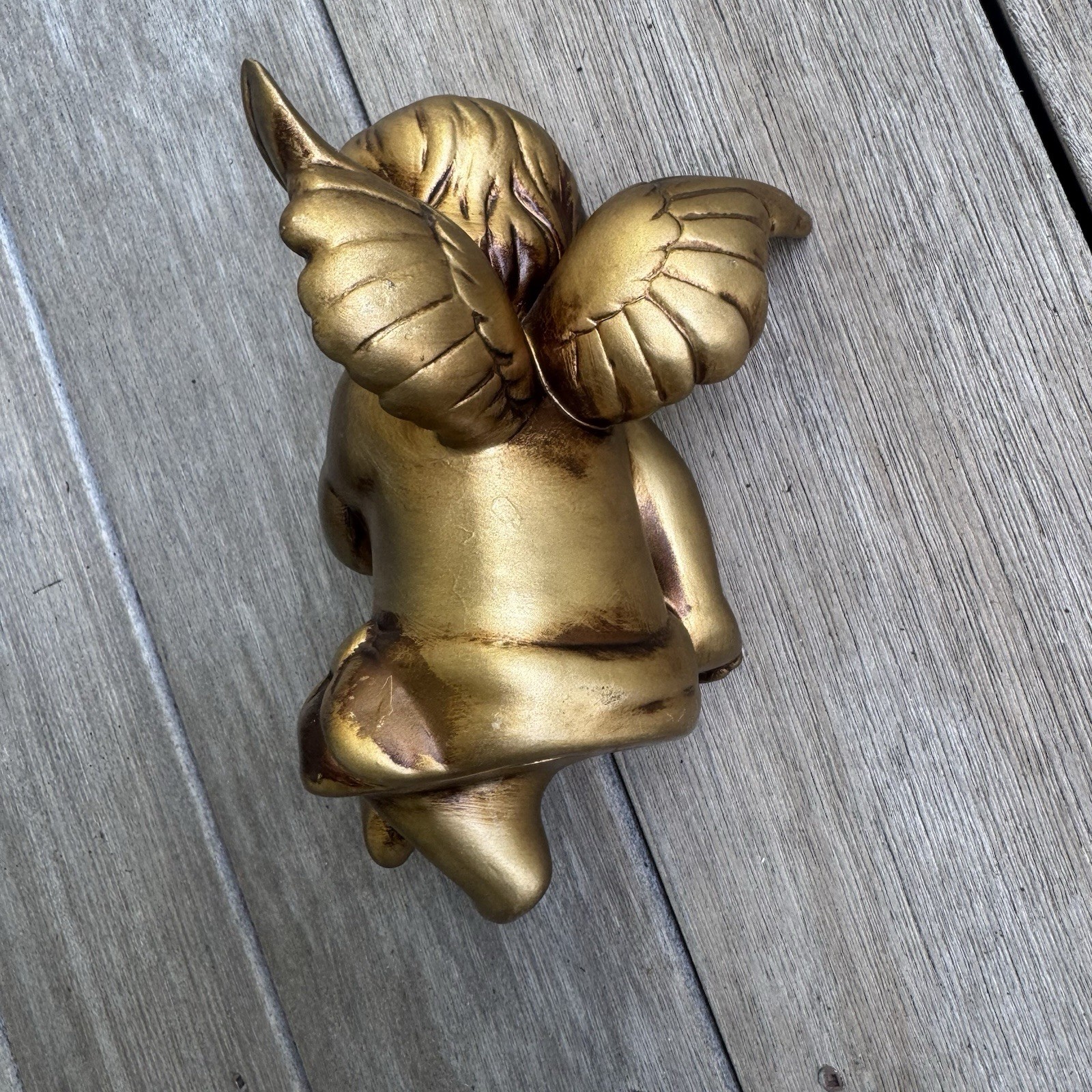 Cherub Angel Shelf Sitter Gold Gilt Resin Chalkware Blowing Kiss 9” Vintage