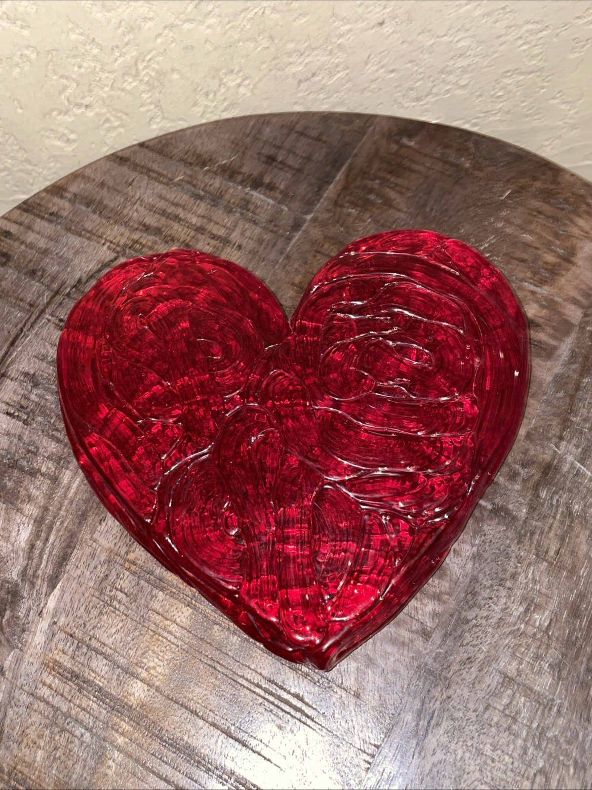 Unique Large 7” Solid Red Swirled Glass Heart Shaped Paperweight, Trivet, Art