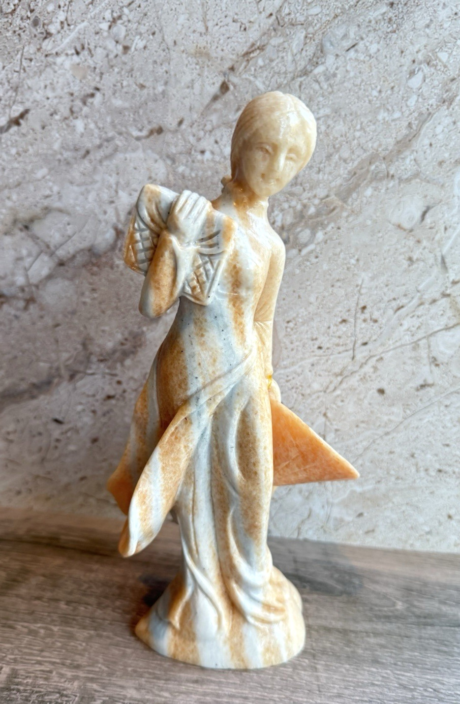 Vintage Hand Carved Orange Calcite Alabaster Female Figurine Statue Abstract Art
