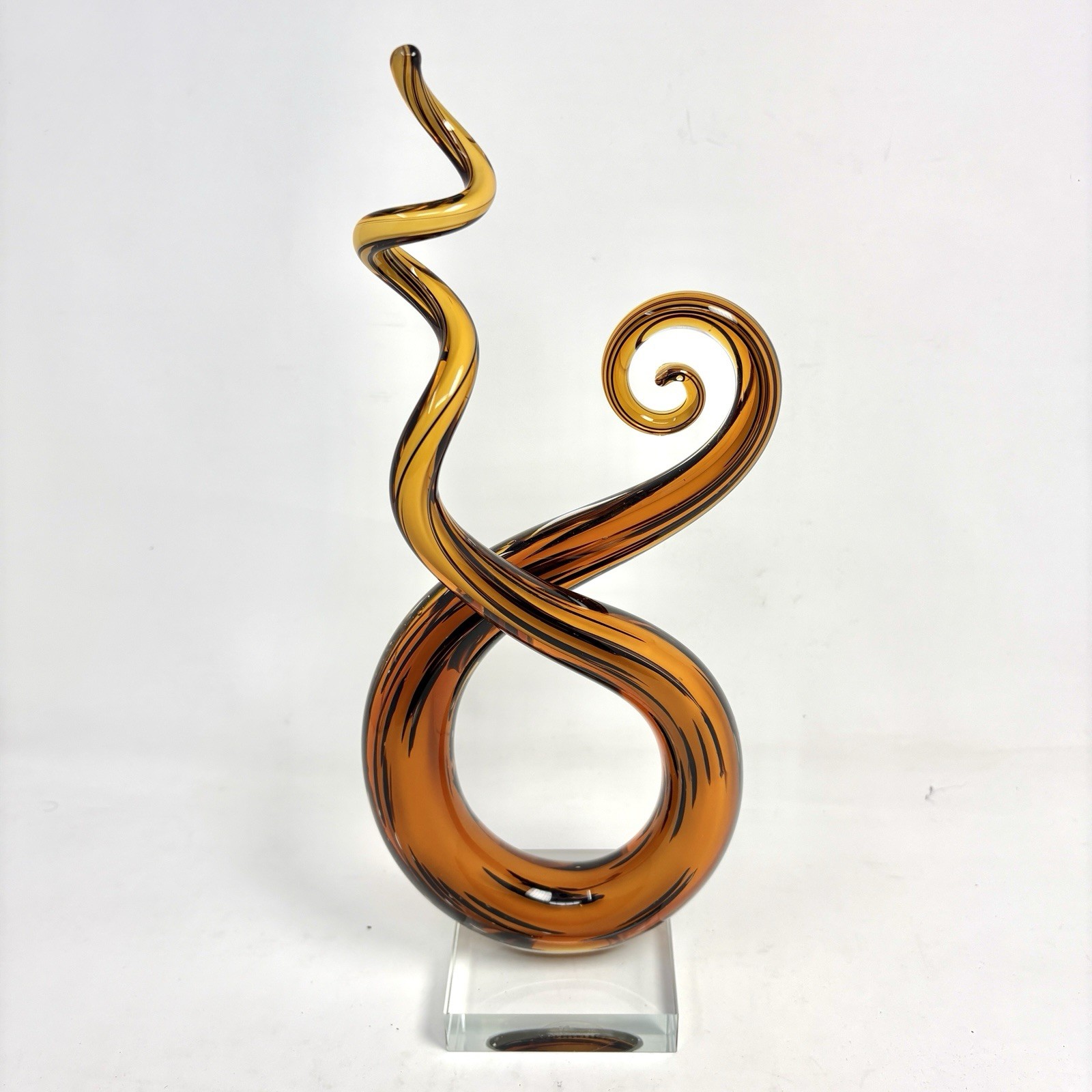 Murano Hand Blown Amber Black Art Glass Abstract Swirl Sculpture 12.5” Italy