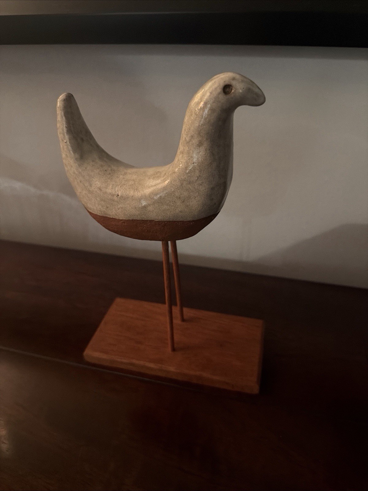 Handmade Ceramic and Wood Bird Figurine, Gray Brown, Hand Painted, 9″ Tall