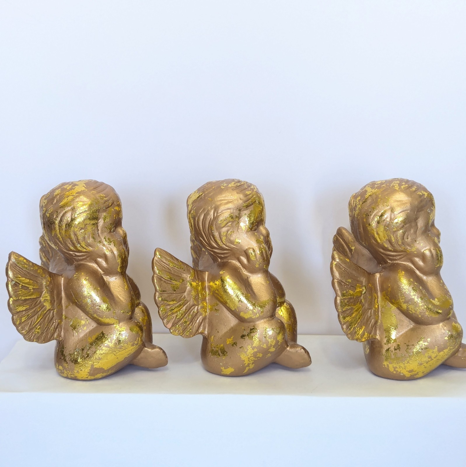 Vtg Gold Leaf Guilded Cherub Sitting Angel Figurine Set Of 3 Terracotta 4.25″