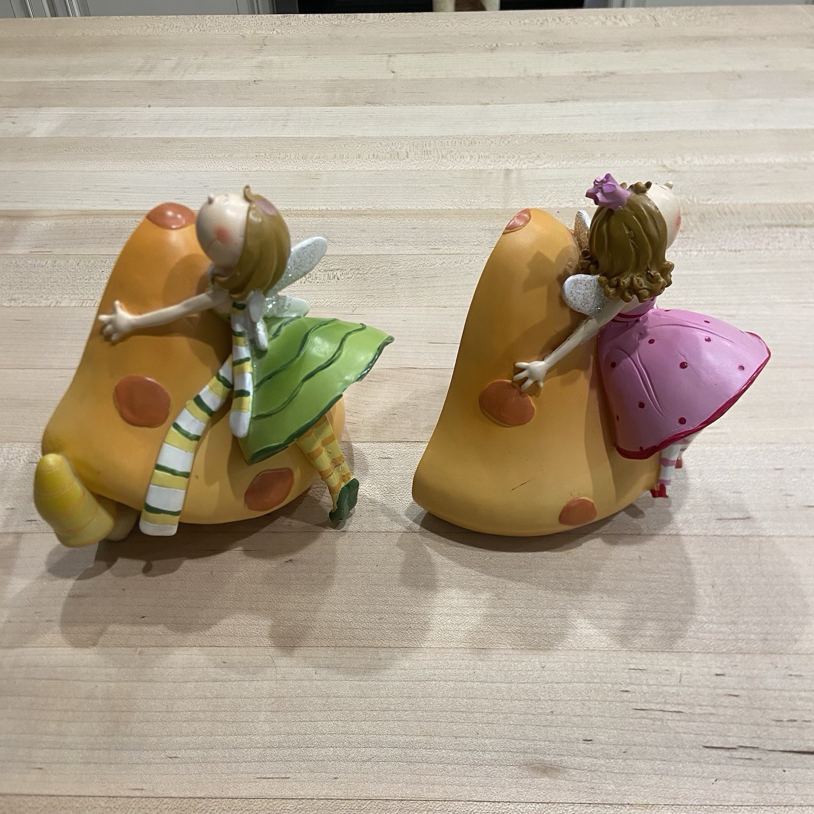 Set of 2 Fairy Figurine Mushroom Wedge Bookends Resin Painted 3D Polka Dot