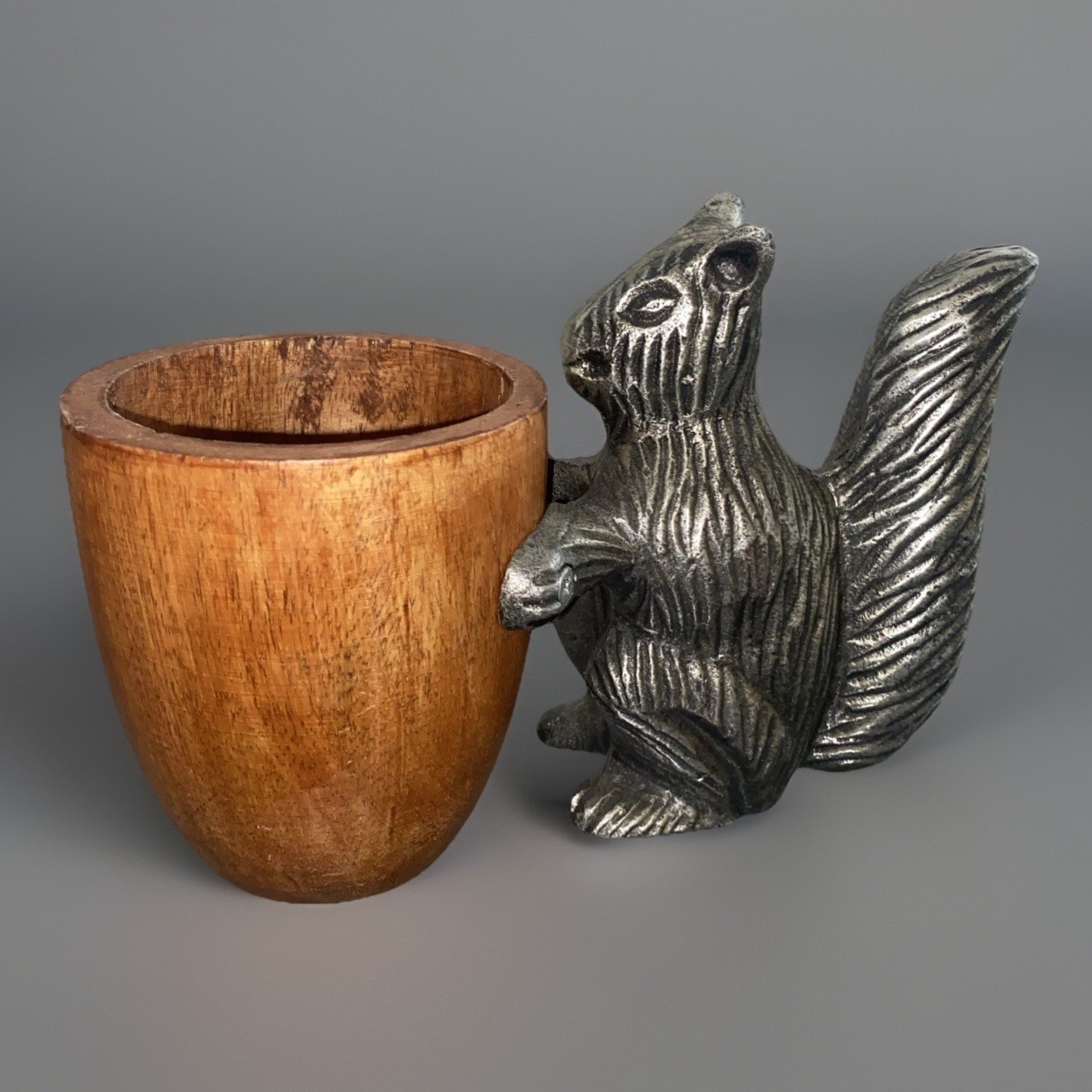 Vintage MCM Squirrel Nut Holder Cup Figurine Metal Wood Free Shipping! Rare!