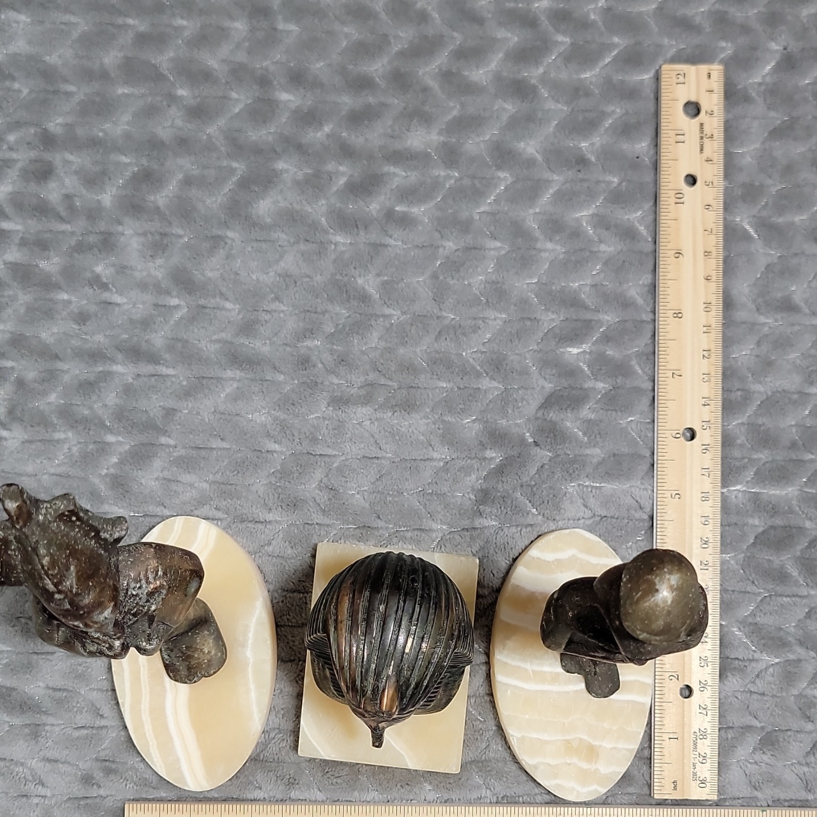 3pc Lot Egyptian Pharaoh Metal Figurines on Stone Bases, Antique Striped
