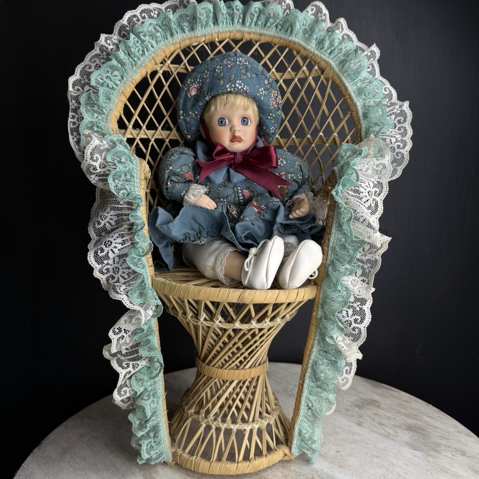 Anco VTG Porcelain Doll Musical Animated Large Wicker Chair Girl Blue Dress