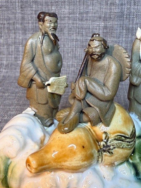 Chinese Mud Men 8 Immortals on Water Lilypad Display Figurine, Sculpture Ceramic