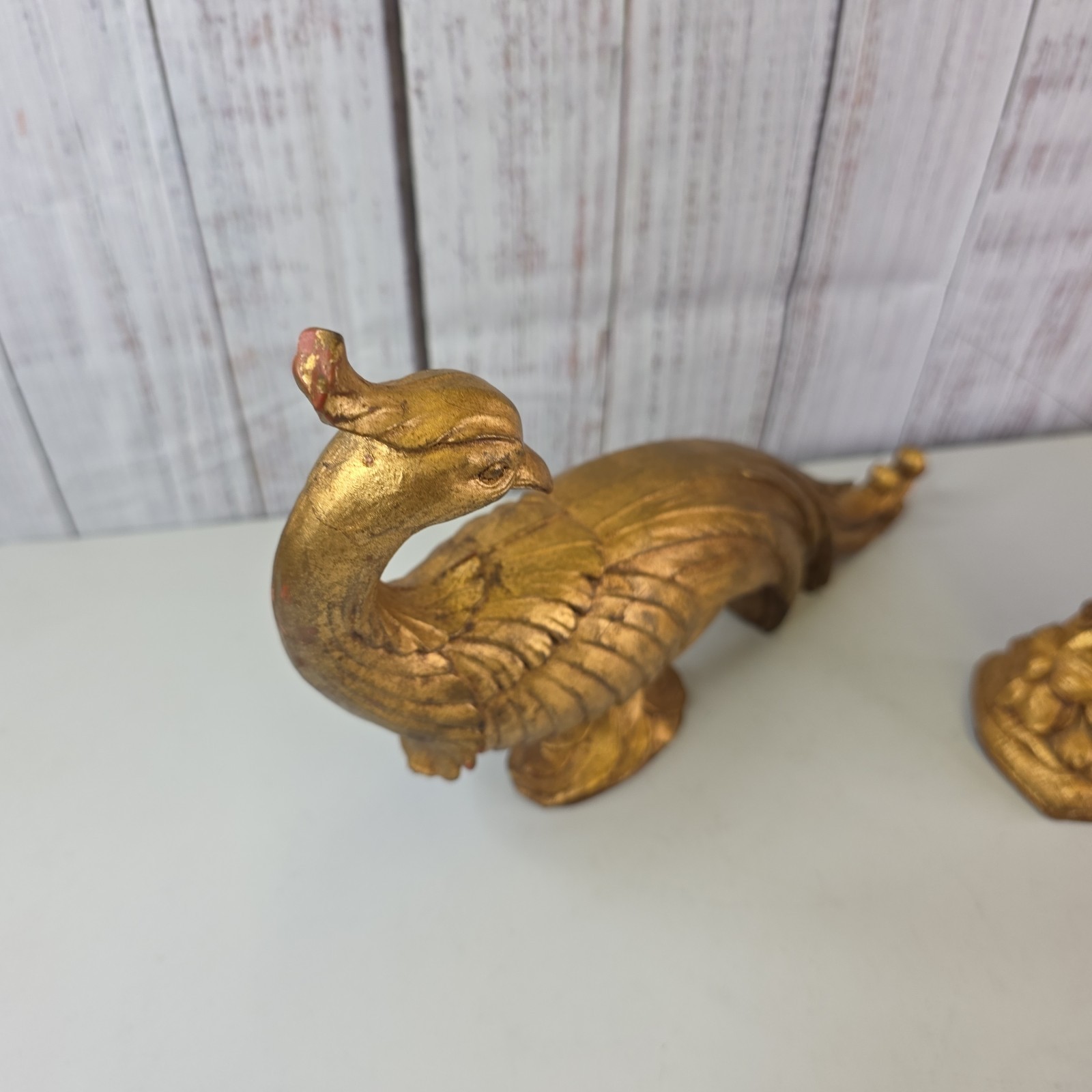 Vintage Gold Gilted Peacock Pair MCM Hollywood Regency Decor 2 Piece Figurine