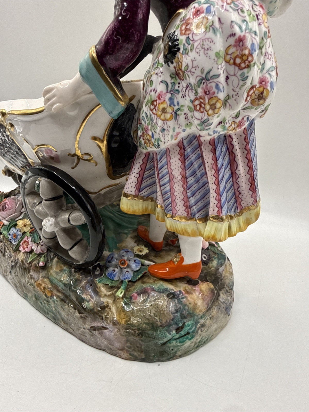 Antique 1880-90 Hand Painted Sitzendorf Porcelain Figure Flowers Wheel Barrow