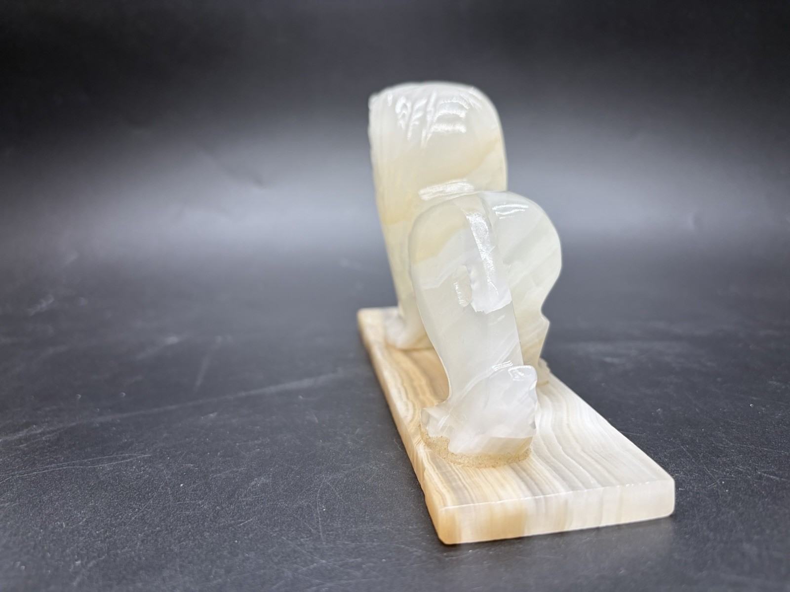 Vintage Hand Carved Art Deco Style Onyx Stone Lion On Onyx Base Sculpture