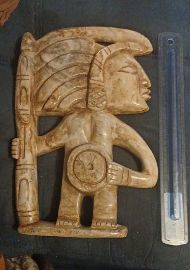 Carved Stone Tribal Figure Figurine Holding Staff, Polished Beige/Brown