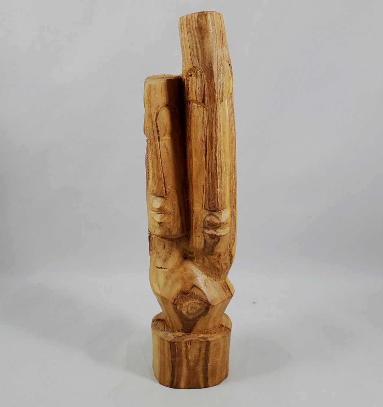 Hand Carved Wood Dual Long Faces Statue Fiji? Young Lovers Tiki Vintage Grain