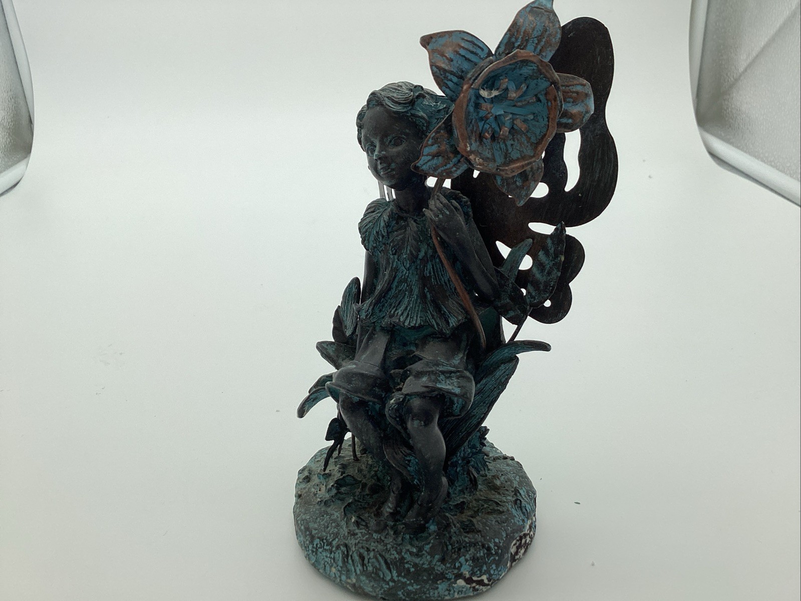 Bronze Finish Resin Fairy Figurine Sitting Under Flower Fantasy Garden Decor 5”