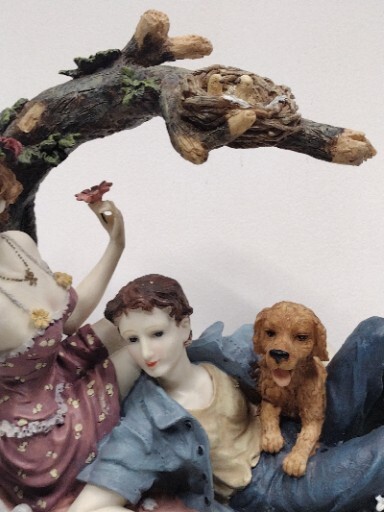 Giovanni Collection Sculpture. Lady And Man With Dog At Picnic Nesting Birds.