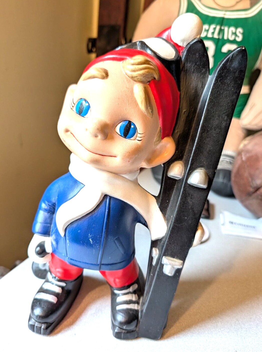 Vintage 1970s Smiley Boy Ski Statue Ceramic