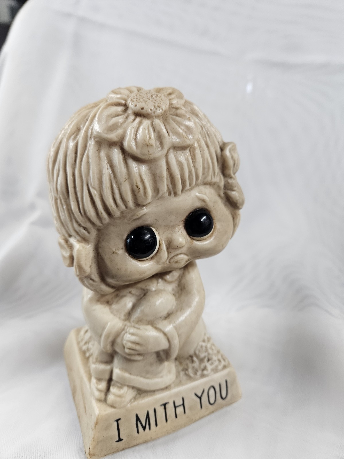 Vintage 1973 Russ Berrie I Mith You Message Statue Figurine Sad Girl Faux Stone