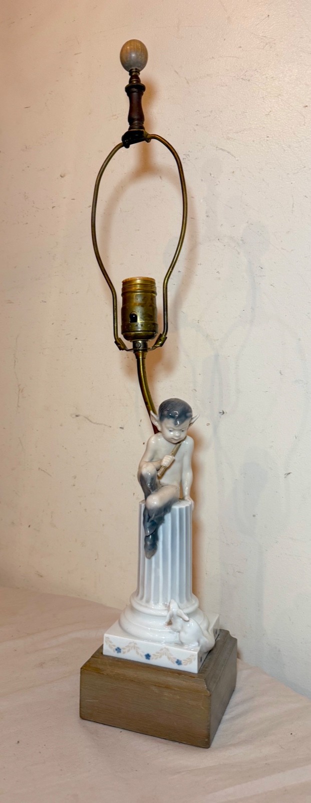 Vintage Royal Copenhagen Satyr Faun Child Perched on Column w Rabbit table lamp