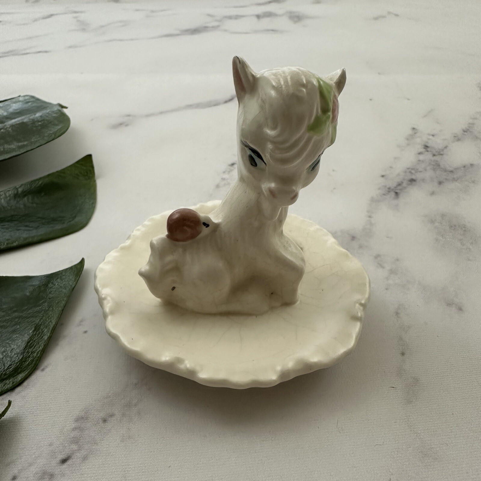 Vintage Baby Animal Ring Trinket Tray Figurine White Horse Goat Llama Ceramic
