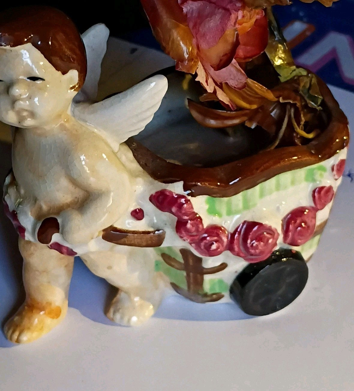 Vintage Hand painted Cherub child Pulling Wheelbarrow Applied Flowers