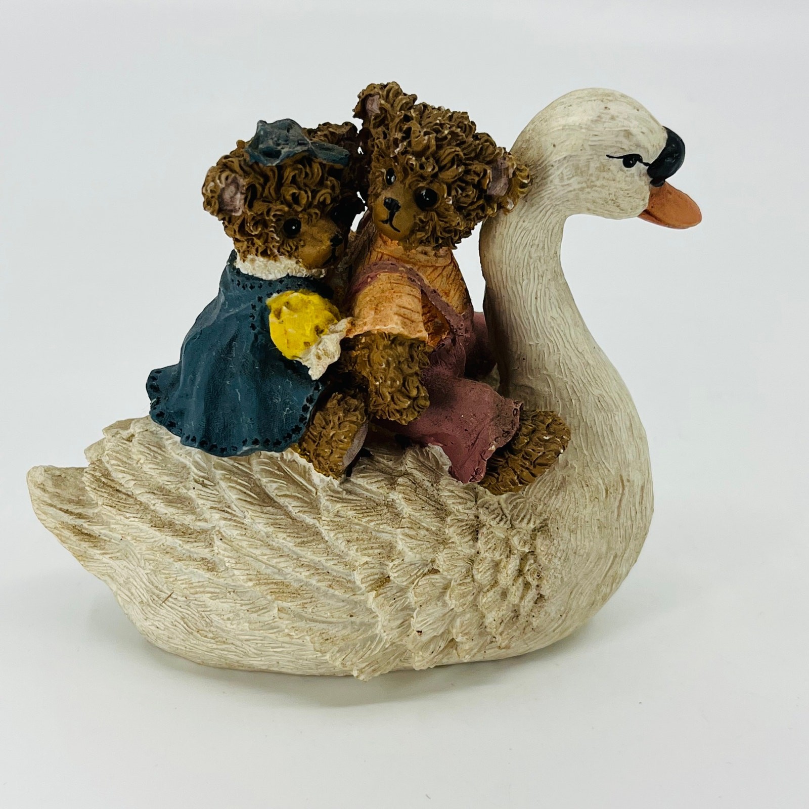 Vintage K’s Collection Retired Resin Bear Figure Brother Sister On a Swan 5” FA4