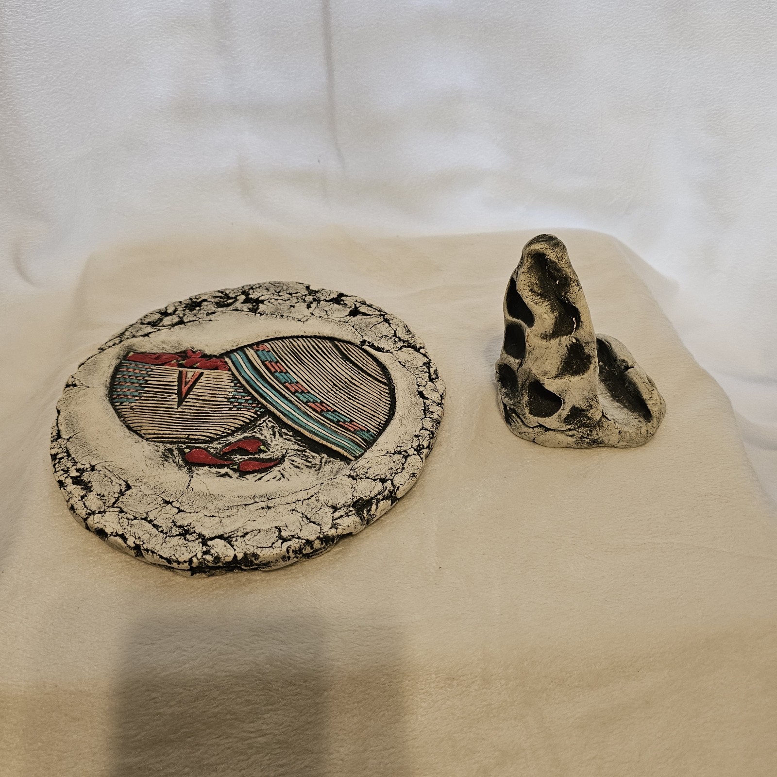 Vintage Chili Peppers And Basket Decor With Stand Made From Mt St Helen Ash