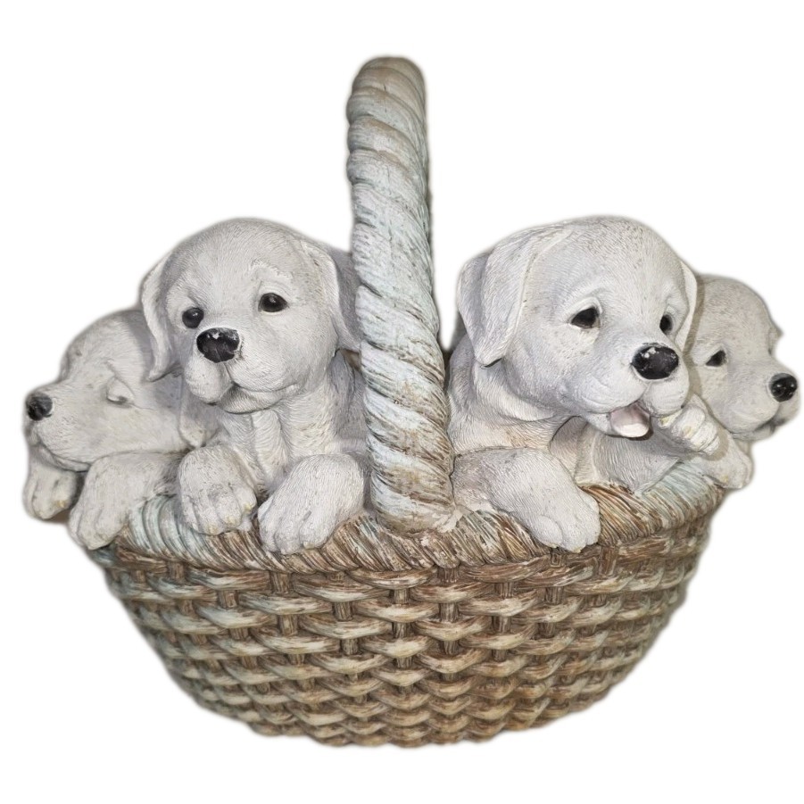 Puppies in Wicker Basket Figurine • Resin Puppy Decor • Life Size Farmhouse
