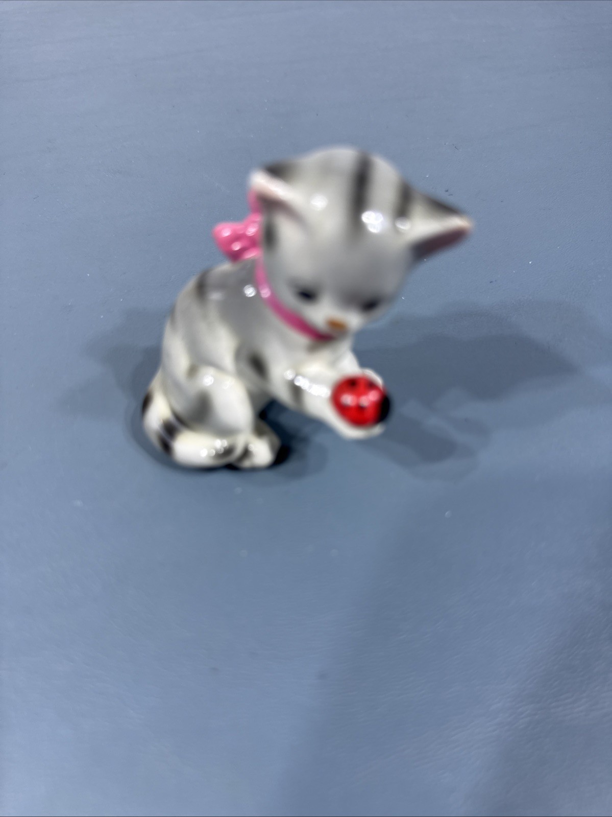 Vintage Kitten Playing With Ladybug Gray Striped Cat Green Eyes & Ribbon Japan