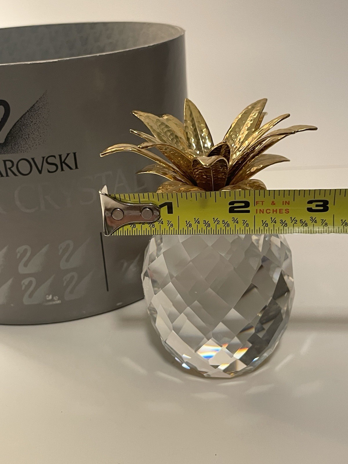 Swarovski LARGE 4″ Crystal 3-Footed Pineapple with Gold Leaves in Original Box