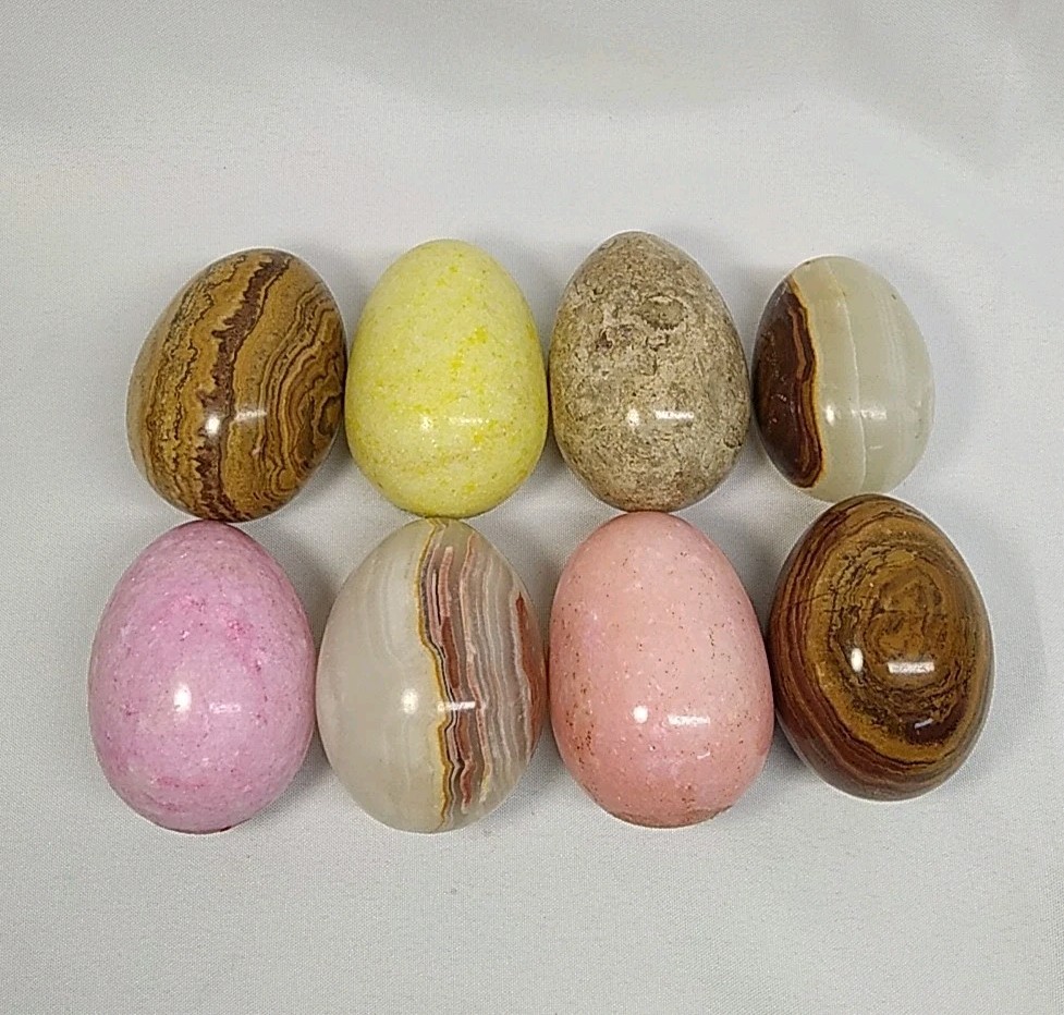 8 Vintage Alabaster Stone Marble Eggs Easter Pink Yellow Brown Italian? Heavy