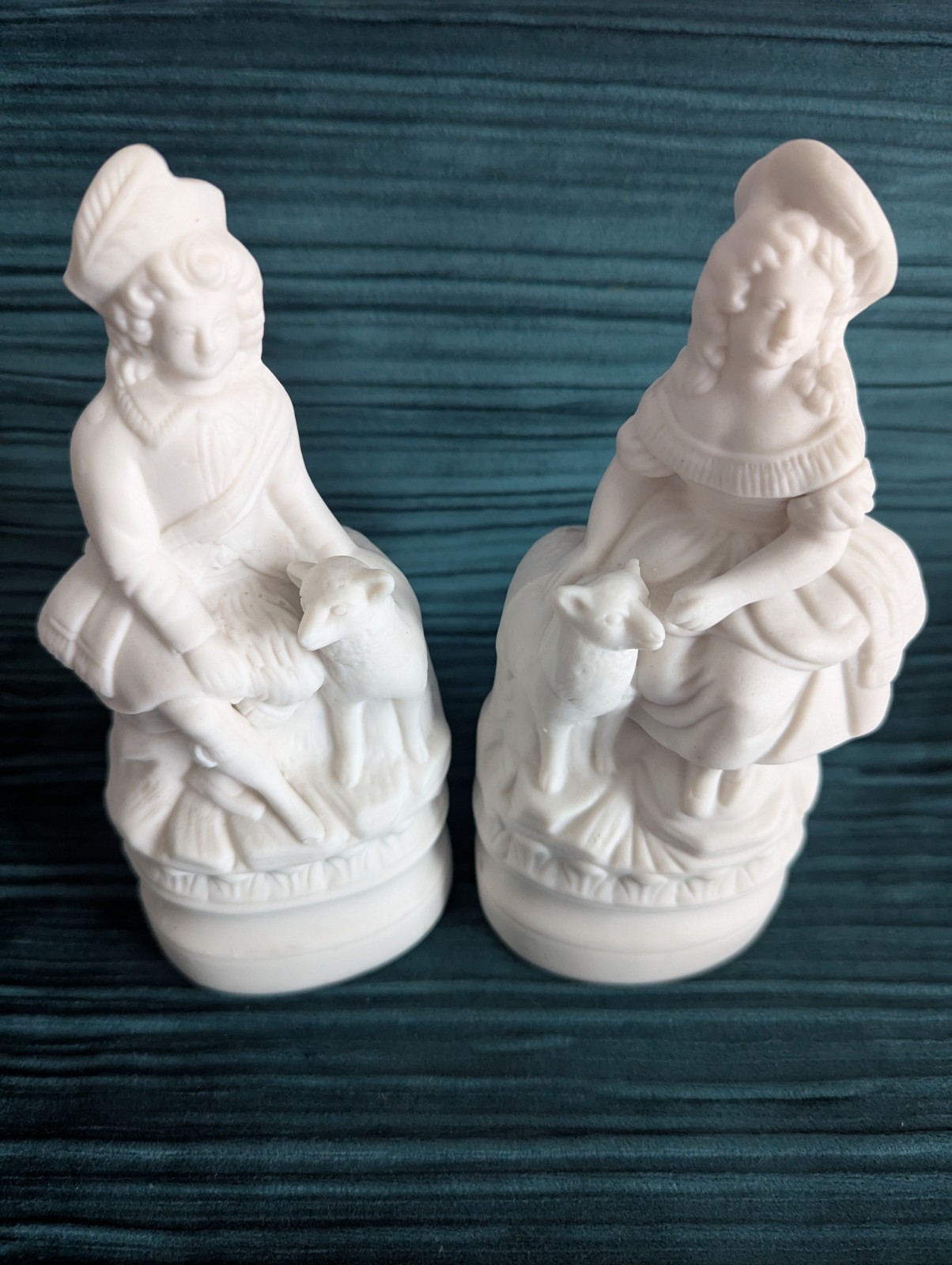 Vintage White Bisque Porcelain Figurines Pair Shepherdess Shepherd Lambs 7-7.25″