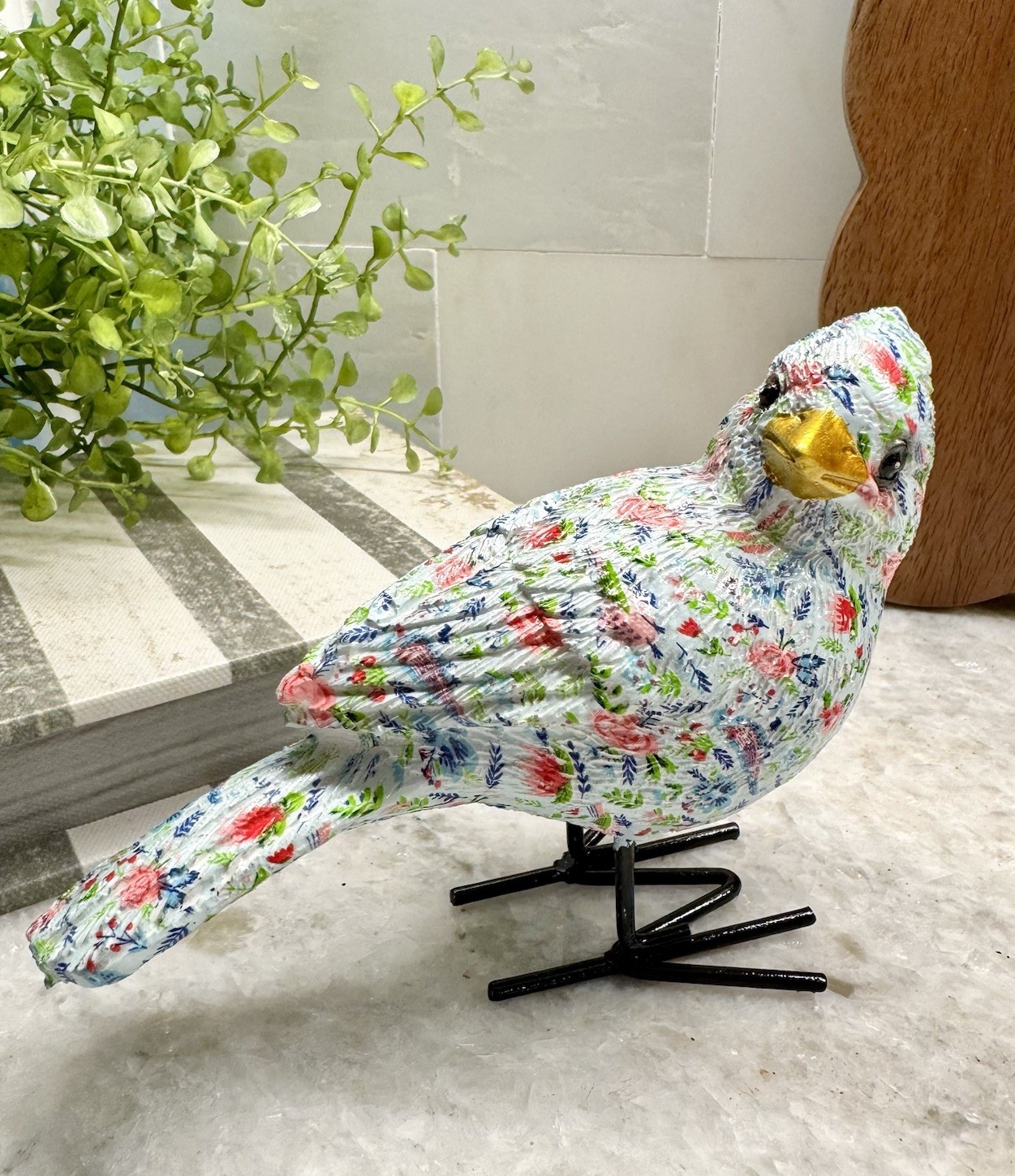 New Cottage Garden Floral Flower Print Resin Bird Figure w/ Metal Legs – 5”