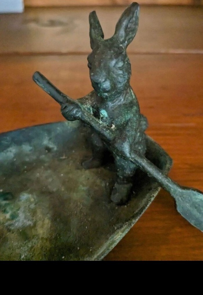 Vintage Rare Cast Metal Bunny Rabbit Rowing Boat Figure Patina Whimsical Collect
