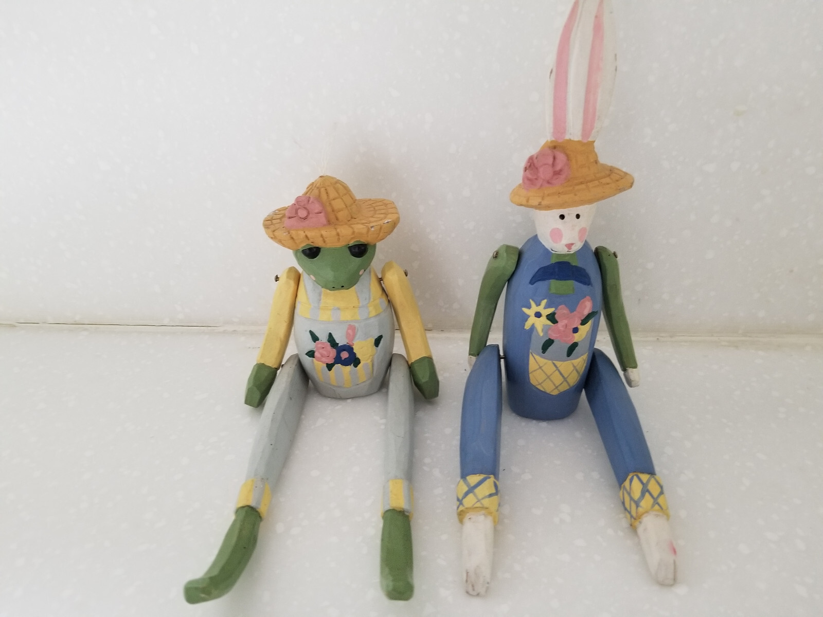 Wooden Frog & Rabbit Shelf Sitters Hand Carved & Handpainted Set of 2