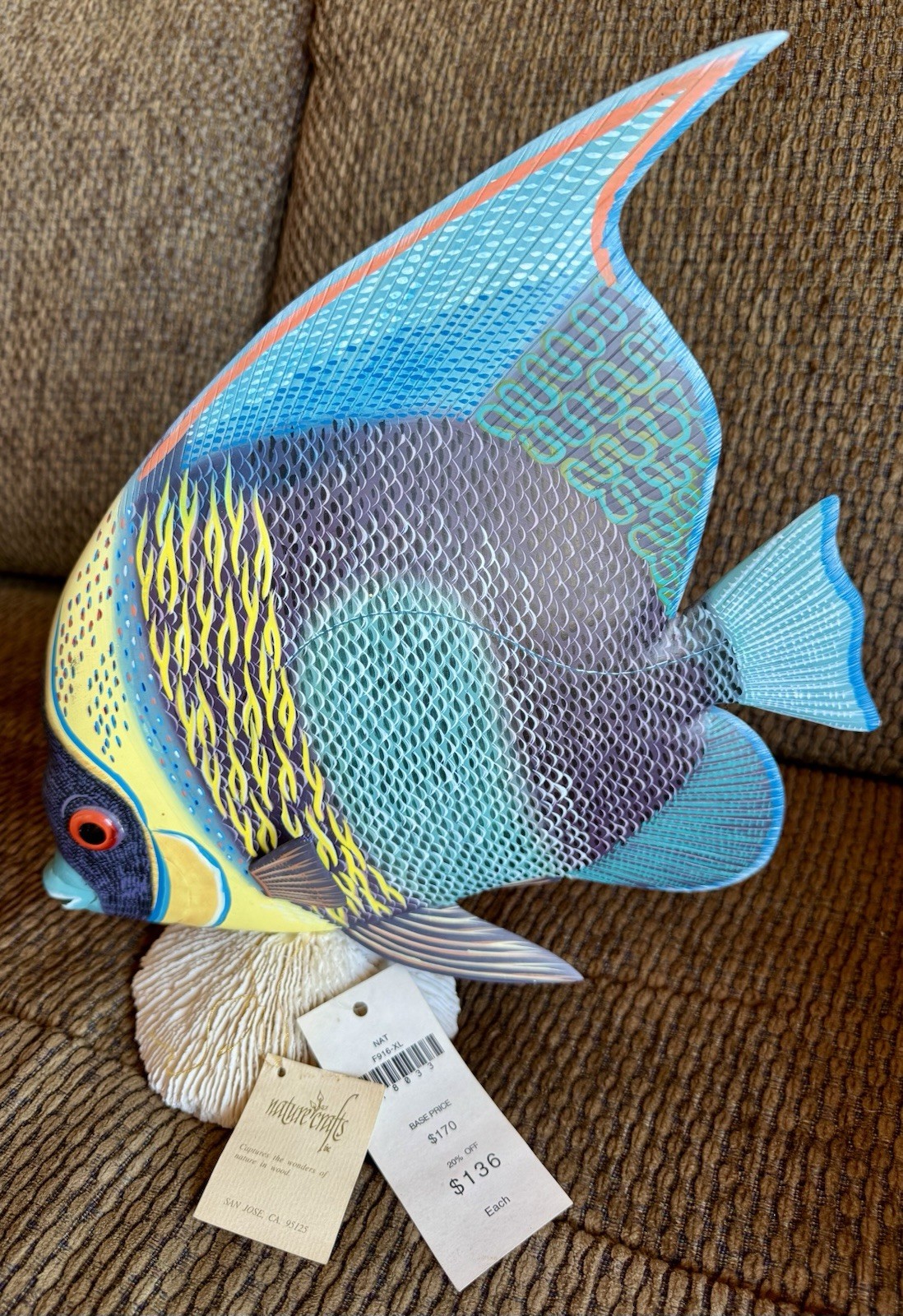 Large Nature Crafts Hand Carved And Painted Wood Fish Sculpture “Fr. Angelfish”