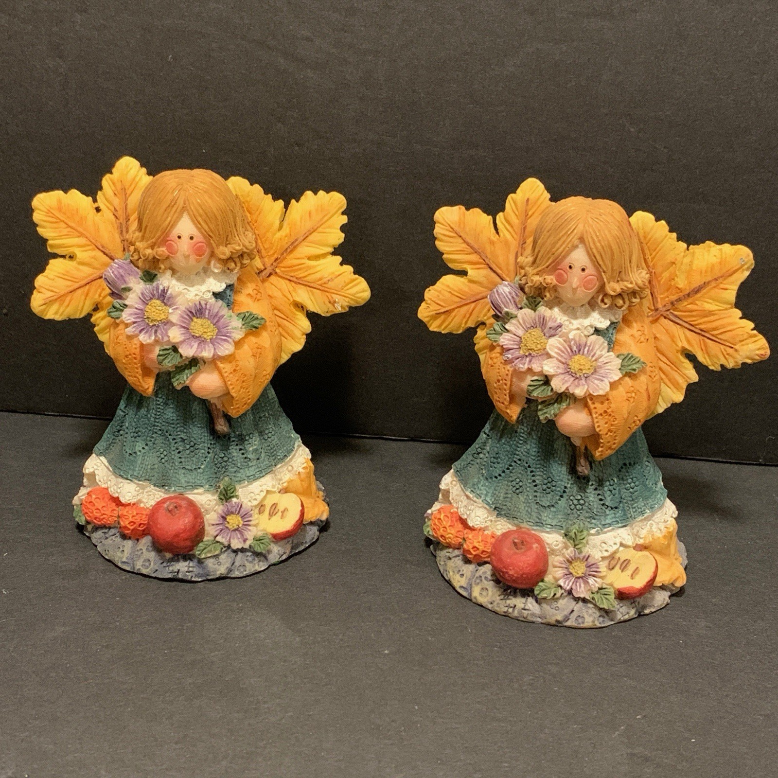 Set of 2 Fall Angel Figurines Midwestern Fairy Autumn Leaf Thanksgiving Flower