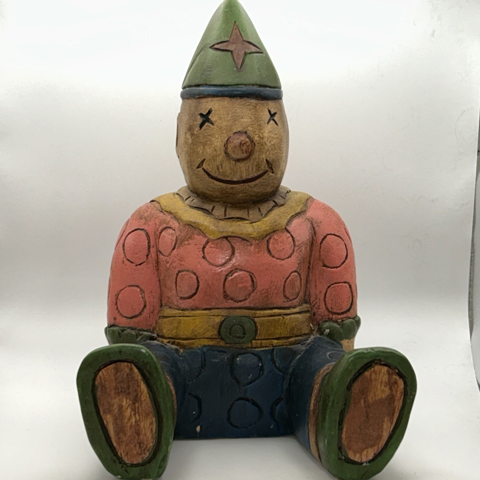 Vintage Hand Carved, Hand Painted, Wooden Clown, Large,Folk Art, Halloween Rare!