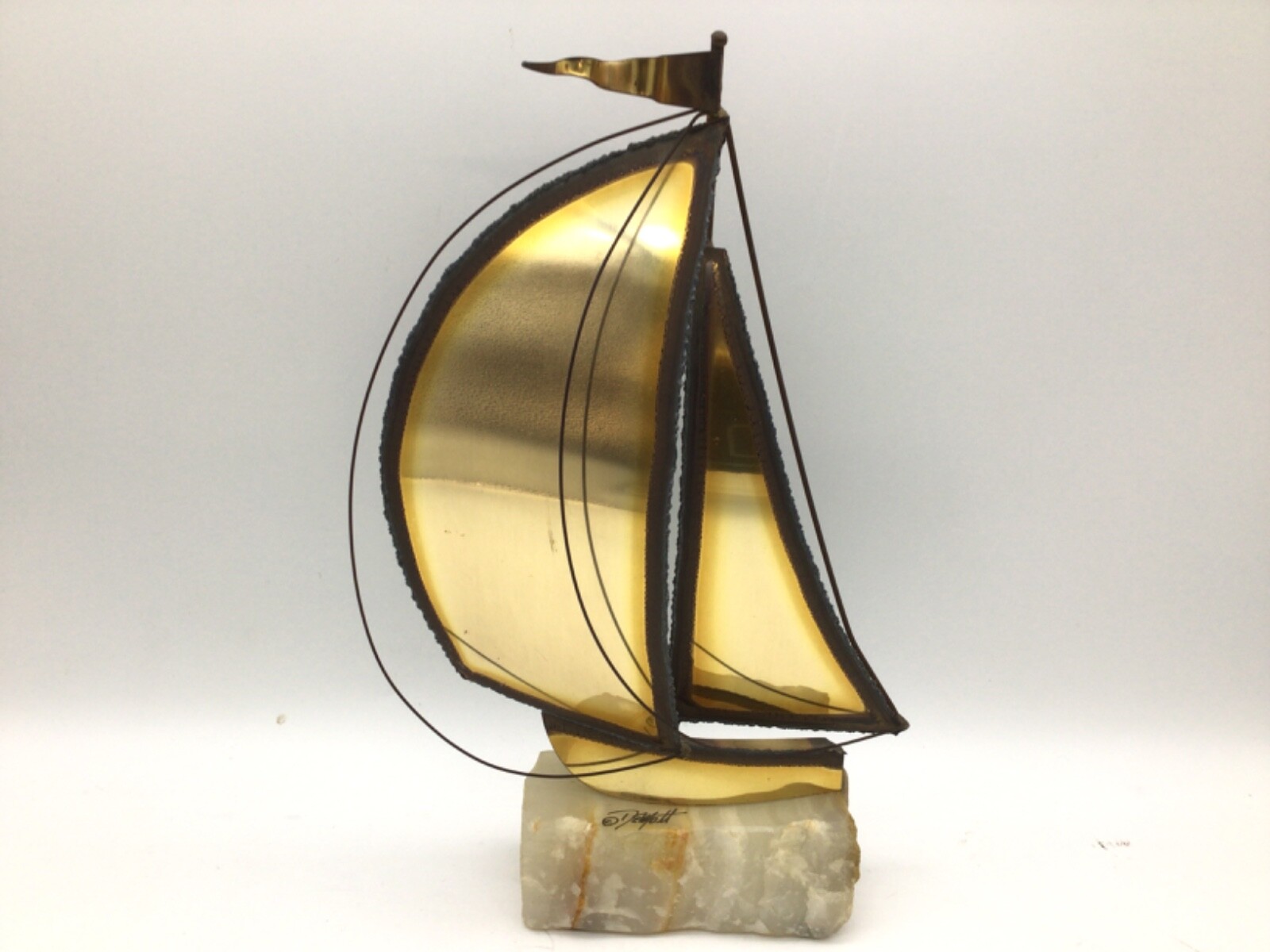 Vintage MCM JOHN DeMOTT Brutalist Style Art Brass Sailboat on Onyx Stone Boat
