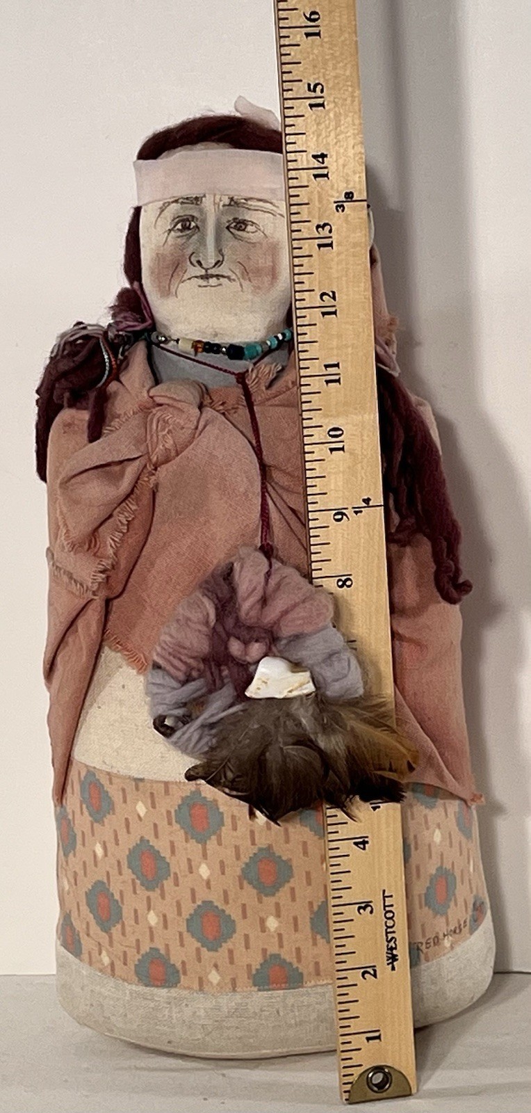 Mary L. Clovis Red Horse 16” Folk Art Flour Sack Doll Signed 1987 Handmade