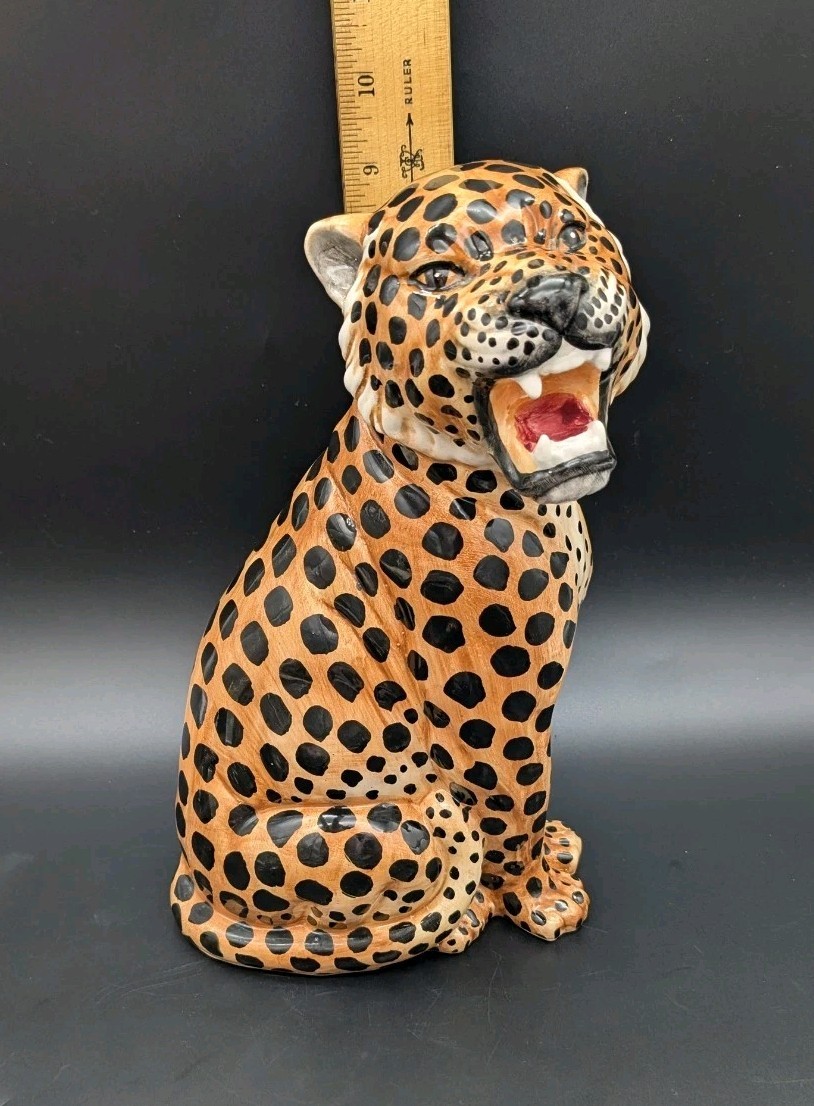 Vintage MCM Cat Sculpture Hand Painted Italian Leopard Cheetah Open Mouth 10″