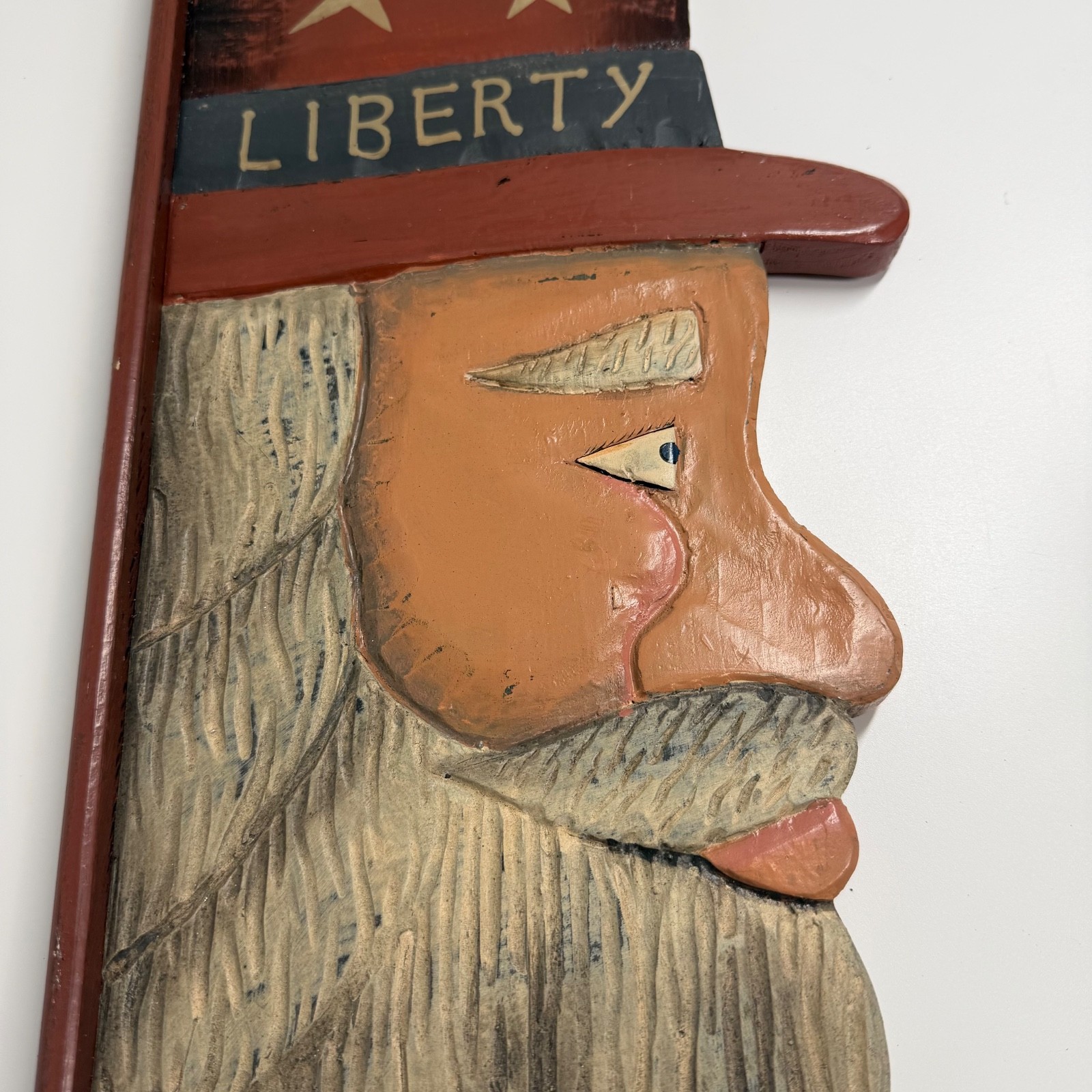 VTG Uncle Sam Hand Carved Wooden Wall Plaque 30″ Tall Red White Blue America 250