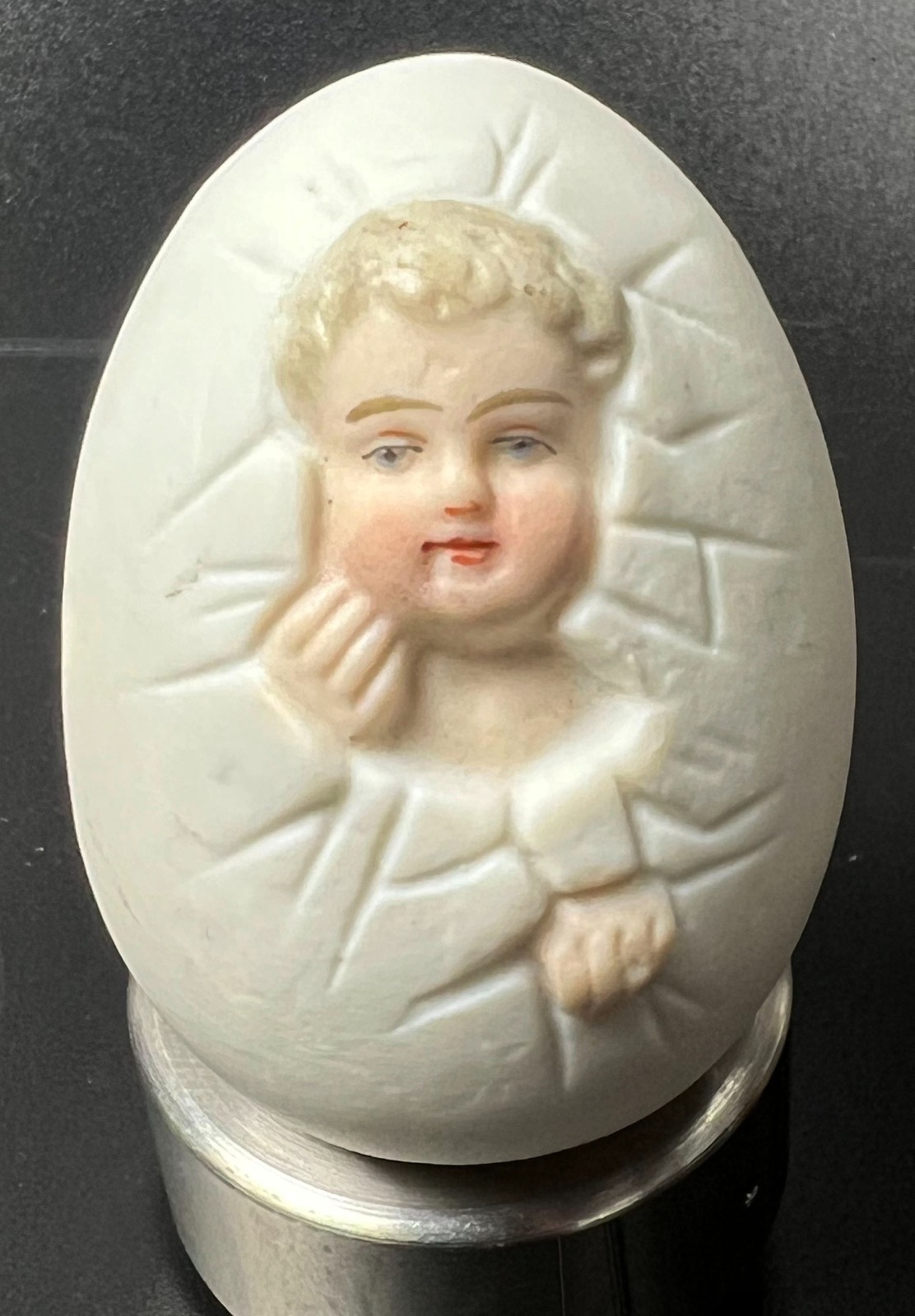 Antique bisque ceramic Baby Birthing Midwife’s Egg figurine Germany shower gift