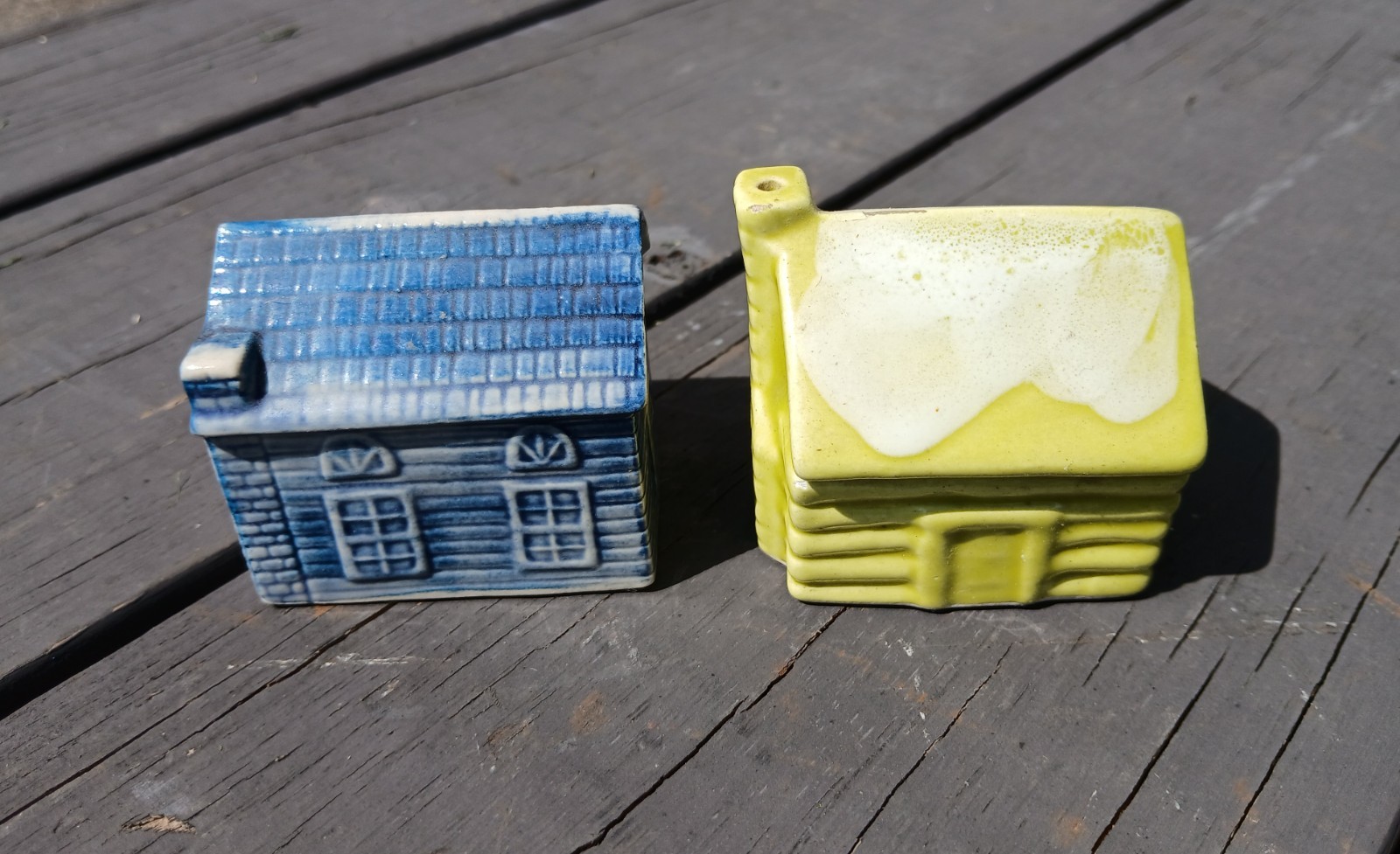 Vintage Ceramic Blue House and Yellow Log Cabin Miniature Figurines