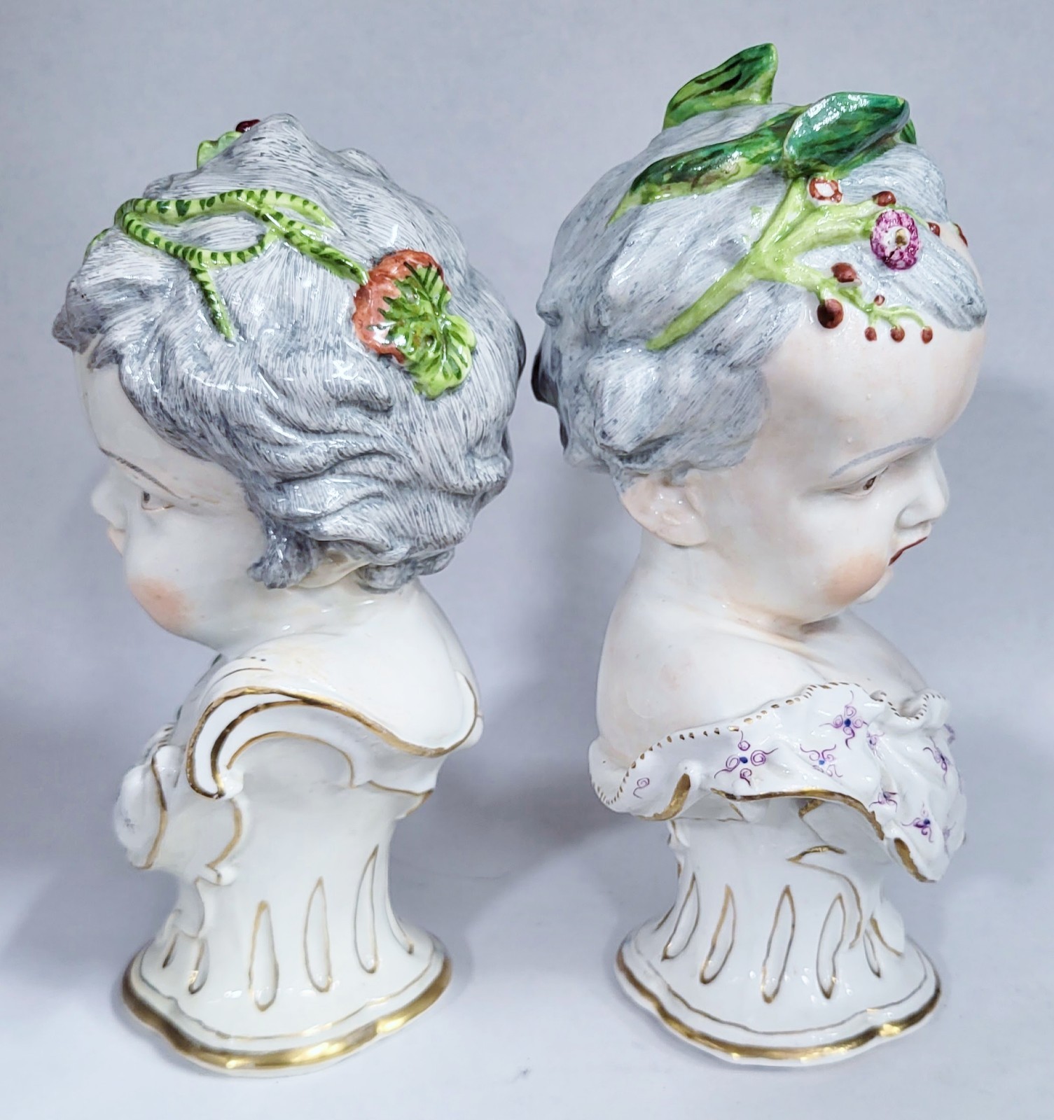 PAIR Antique GERMAN 19th C MEISSEN Dresden French Samson PORCELAIN BUST Boy Girl