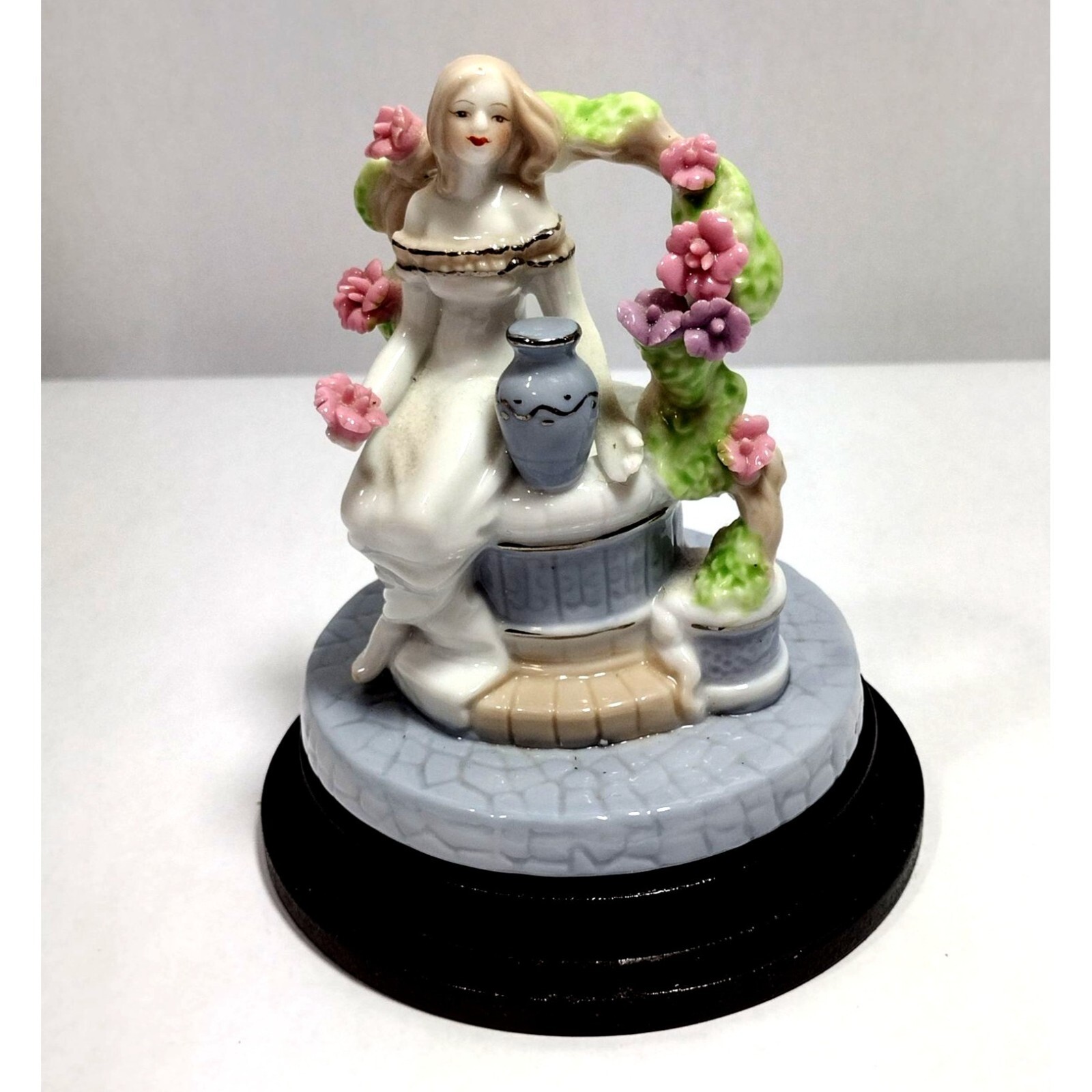 Vintage figurine water girl well floral ceramic flowers pastels