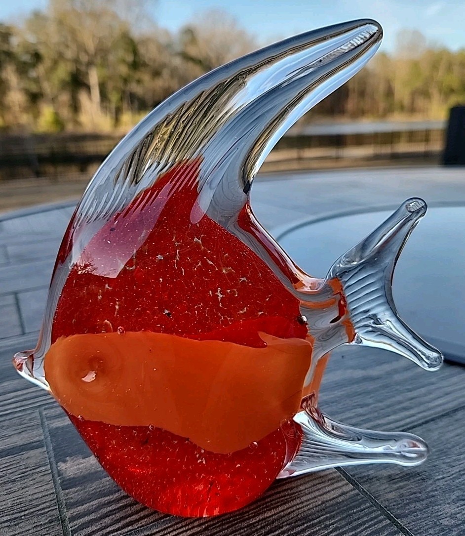Murano Style Orange Stripe Art Glass Tropical Angel Fish Paperweight Figurine