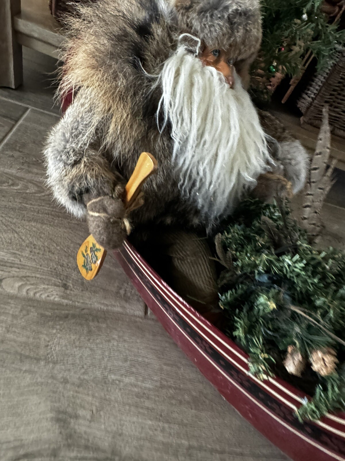 RUSTIC Trapper Santa Mountain Real Fur Rowing canoe Skis Raccoon Centerpiece XL