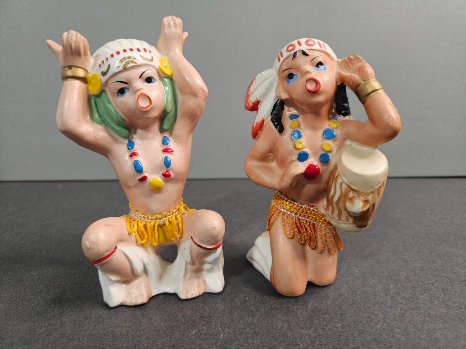 Vtg. Wales Porcelain Native American Couple-Hand Painted made in Japan 5.75″ H