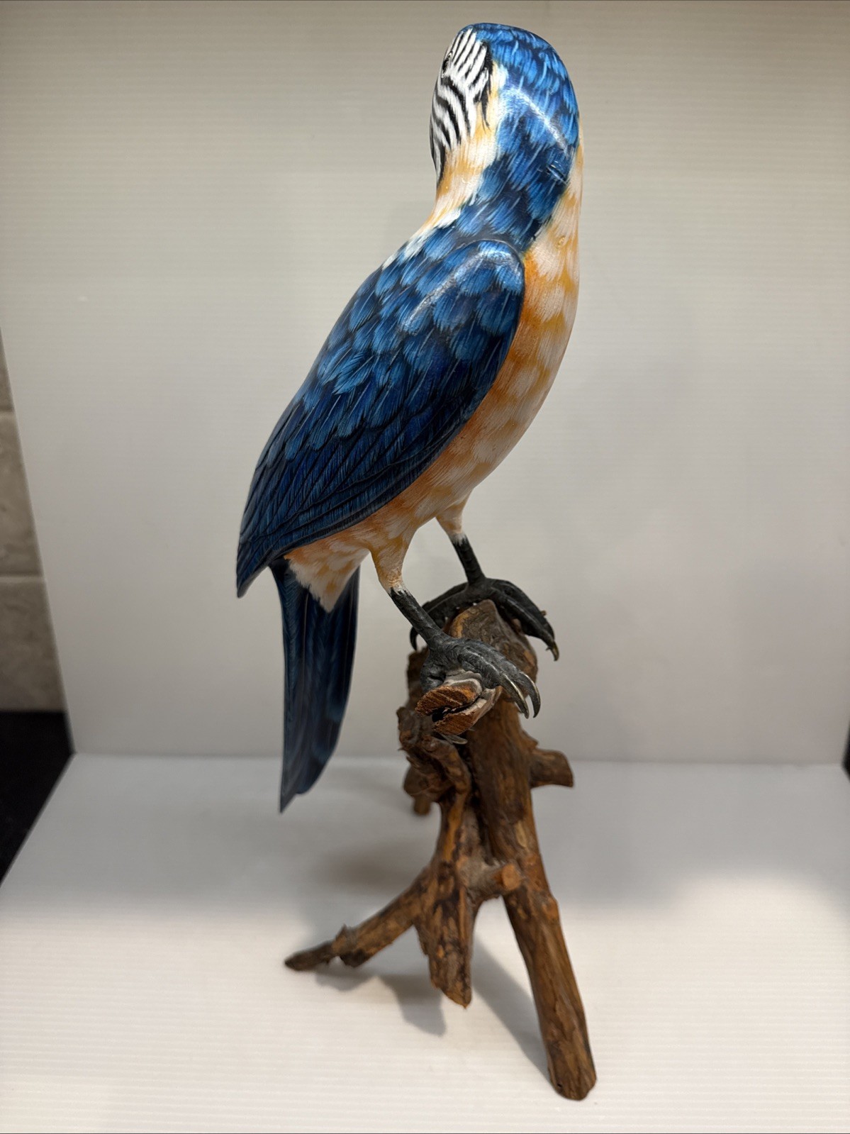 Vintage Hand Carved & Painted Wooden Blue White Orange Mccaw On A Branch