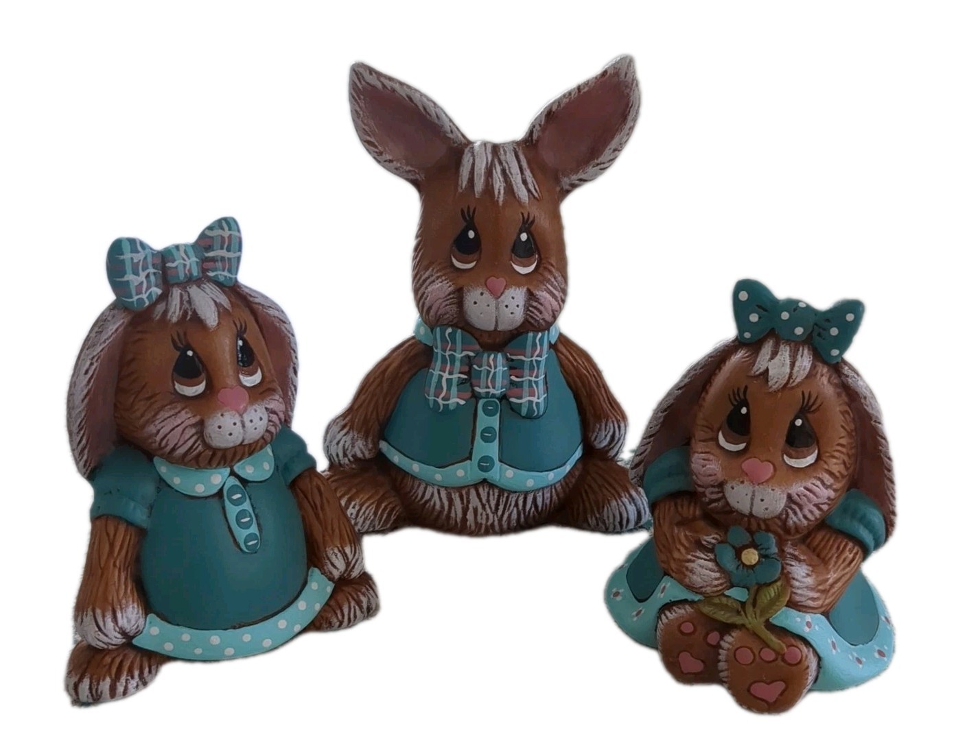 Vintage Easter Bunny Figurine 3 Piece Set Hand Painted Ceramic 1983 Signed