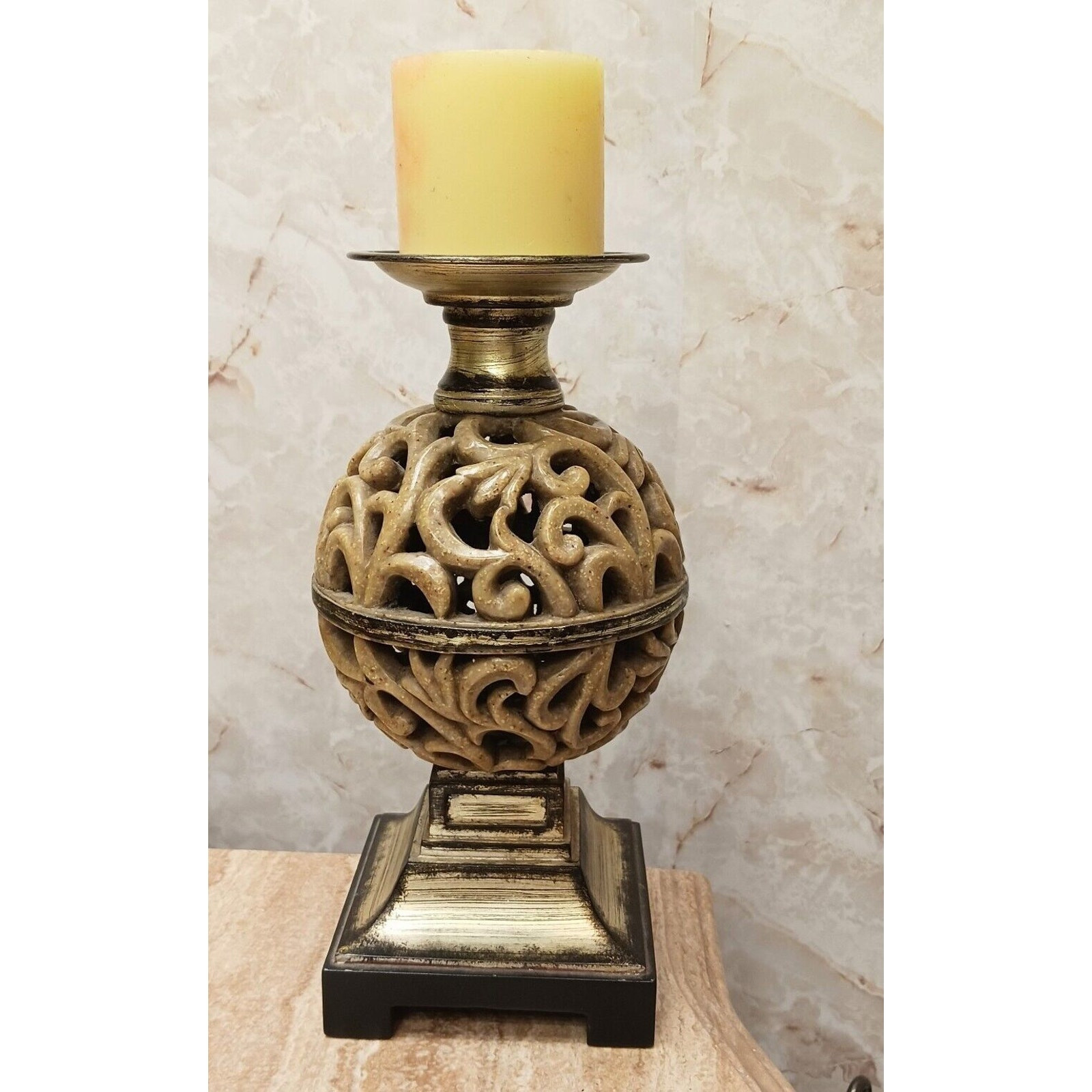 Ornate Candle Holder 12″ Art Deco Faux Alabaster Cut Out Globe Morrocan Boho VNT